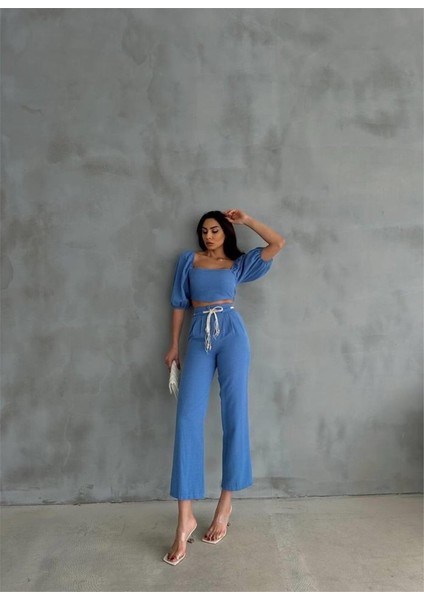 Keten Crop Karpuz Kol Bluz-Pantolon Hasır Kemerli - Mavi