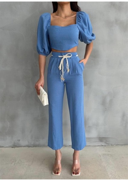 Keten Crop Karpuz Kol Bluz-Pantolon Hasır Kemerli - Mavi