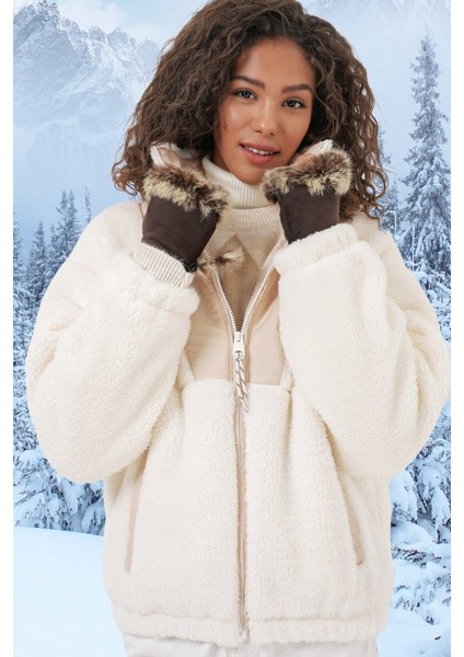 5194 Peluş Mont Ceket - Krem
