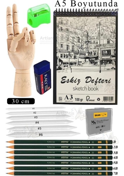 Ahşap El Modeli 30 cm ve A5 Eskiz Defteri Modelleme Seti 1 Paket Dereceli Kalem Karakalem Dağıtma Hamur Silgi Kalemtraş