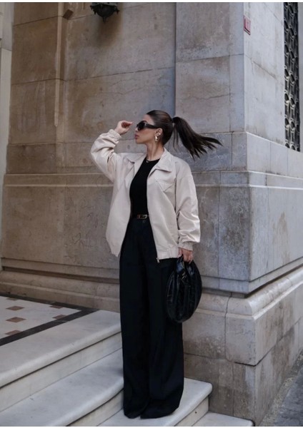 Fermuarlı Gömlek Yaka Bomber Ceket - Beyaz indirimleri