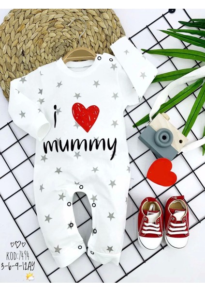 3-6-9-12 Ay Gümüş Yıldız I Love Mummy Baskılı Uzun Kollu Kız Erkek Bebek Tulumu Beyaz