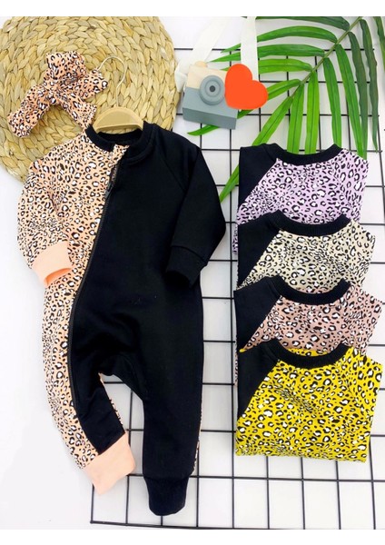 3-6-9-12 Ay Bandanalı Leopar Desenlı Fermuar Kapama Kız Bebek Tulumu Lila