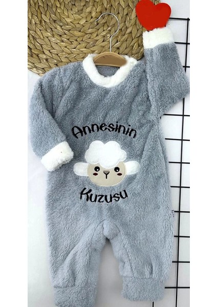 3-6-9-12 Ay Kuzu Tüylü Kumaş Annesinin Kuzusu Nakışlı Alttan Çıtçıtlı Kız Erkek Bebek Tulumu Gri