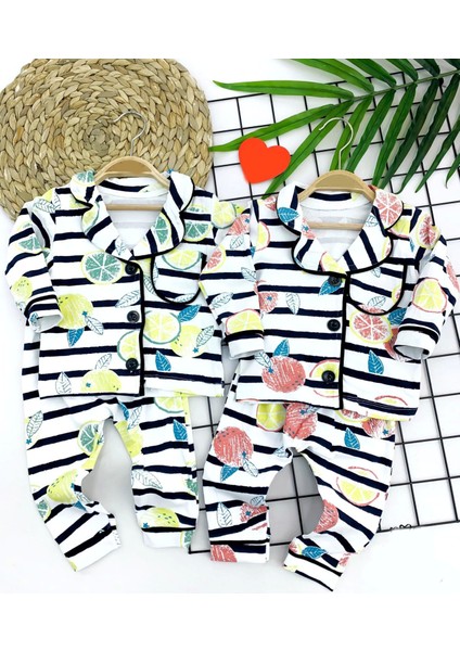 9-12-18-24 Ay Çizgili Meyve Desenli Düğme Kapamalı 2li Kız Erkek Bebek Pijama Takımı Sarı