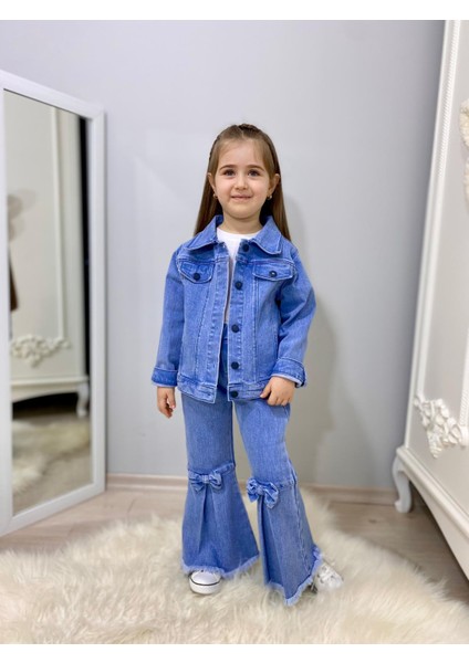 Fiyonk Detaylı Ispanyol Paça Kot Pantolon & Kot Ceket & Badi Kız Çocuk Kombin fiyatları