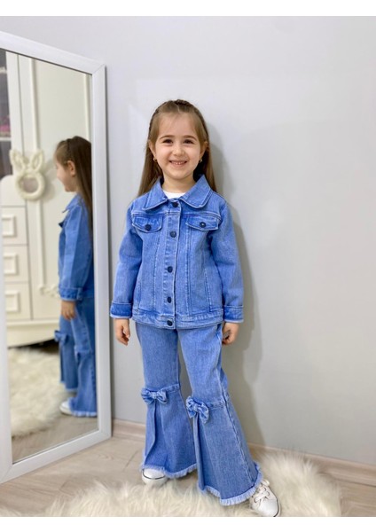 Fiyonk Detaylı Ispanyol Paça Kot Pantolon & Kot Ceket & Badi Kız Çocuk Kombin fırsatları