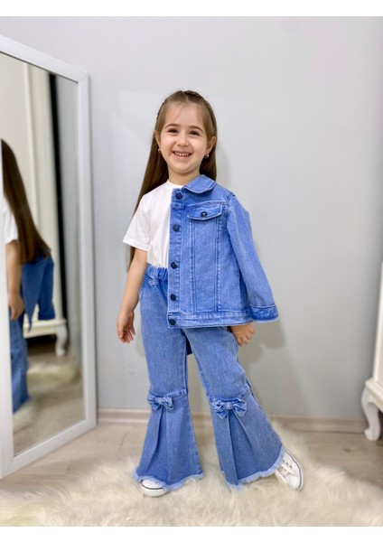 Fiyonk Detaylı Ispanyol Paça Kot Pantolon & Kot Ceket & Badi Kız Çocuk Kombin indirimleri