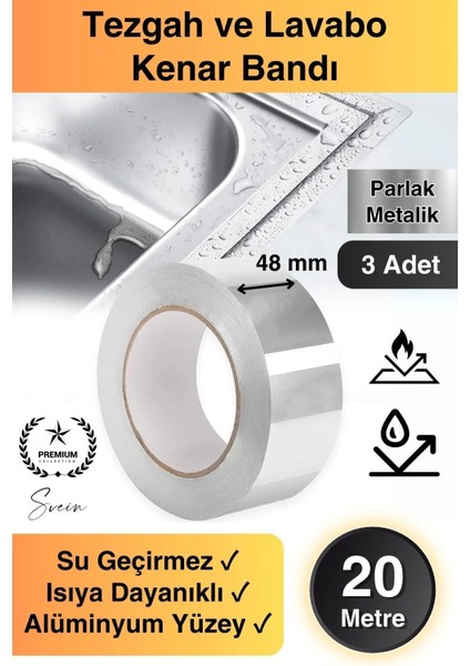 20 mt Parlak Metalik Gri Tezgah Lavabo Kenar Bandı Sızdırmaz Isıya Dayanıklı Bant Su Izolasyon 3 Ad.