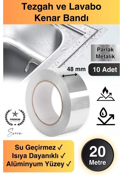 20 mt Parlak Metalik Gri Tezgah Lavabo Kenar Bandı Sızdırmaz Isıya Dayanıklı Bant Su Izolasyon 10 Ad