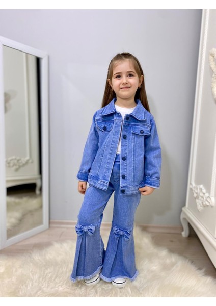 Fiyonk Detaylı Ispanyol Paça Kot Pantolon & Kot Ceket & Badi Kız Çocuk Kombin