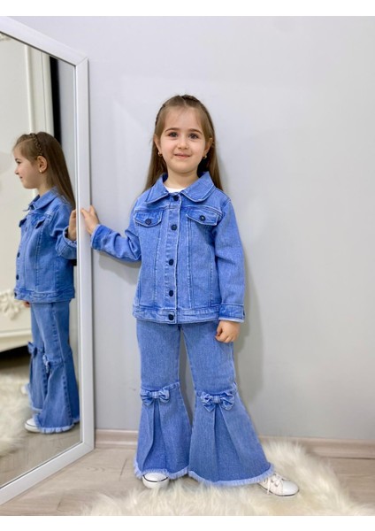 Fiyonk Detaylı Ispanyol Paça Kot Pantolon & Kot Ceket & Badi Kız Çocuk Kombin modelleri