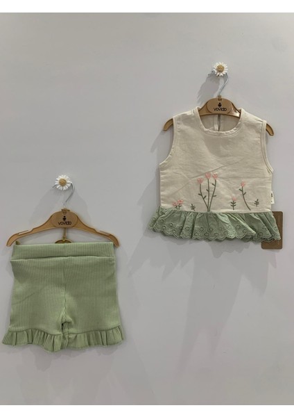 Kız Bebek Çiçek Nakışlı 2'li Yazlık Takım