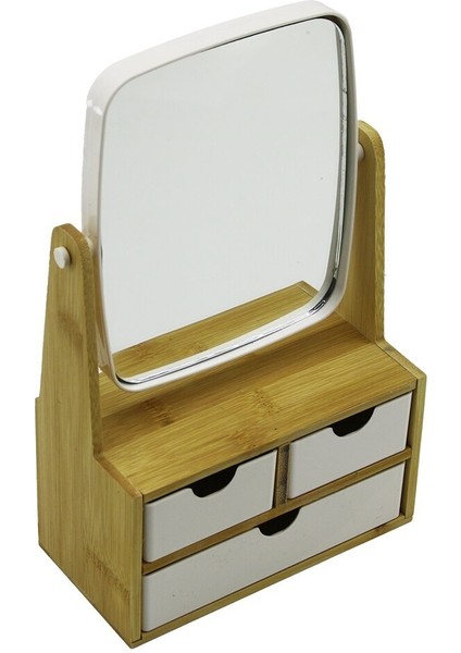 3 Çekmeceli Bambu Ahşap STANDLI=9X9.5X18X21.5CM Makyaj AYNASI=15X18CM Takılık 2+1 Organizer (3791)