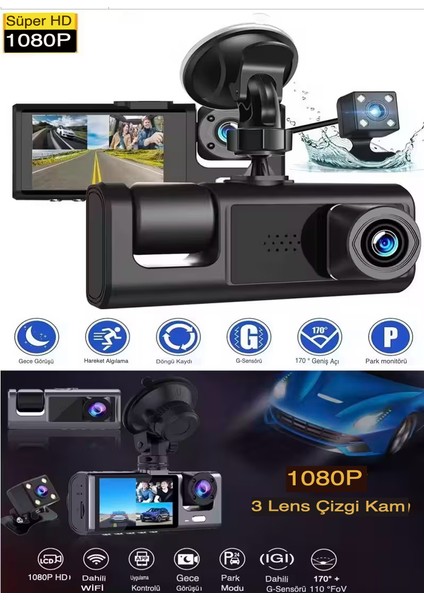 Araç Içi 3 Kameralı Süper Hd 1296P Geri Görüş Ön Kamera Iç Kamera Sd Kart Kayıt