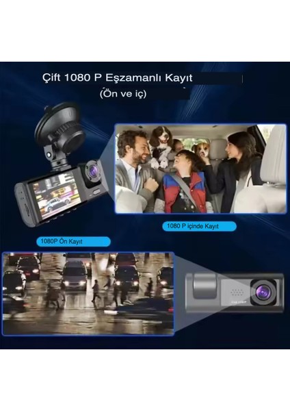Araç Içi 3 Kameralı Süper Hd 1296P Geri Görüş Ön Kamera Iç Kamera Sd Kart Kayıt