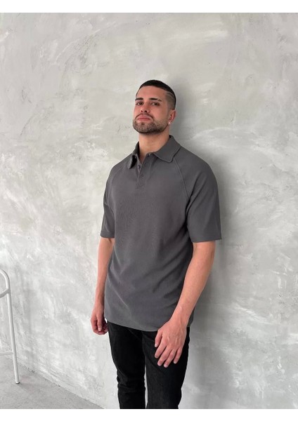 Yakalı Patlı Kısa Kol T-Shirt - Antrasit