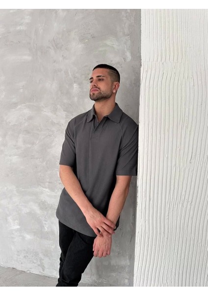 Yakalı Patlı Kısa Kol T-Shirt - Antrasit