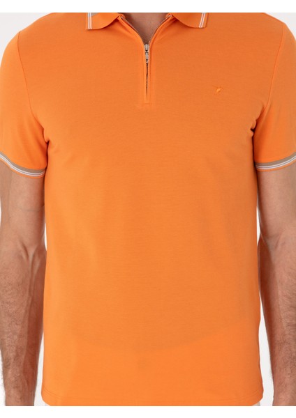 Erkek Turuncu Slim Fit %100 Pamuk Fermuarlı Polo Yaka T-shirt 50301382-VR051