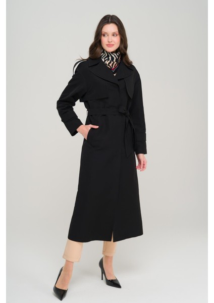 Pelerin ve Apolet Detaylı Astarsız Oversize Trençkot Siyah 6696
