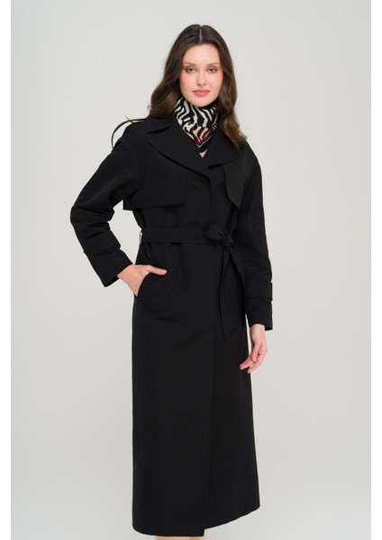 Pelerin ve Apolet Detaylı Astarsız Oversize Trençkot Siyah 6696