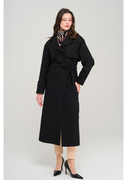Pelerin ve Apolet Detaylı Astarsız Oversize Trençkot Siyah 6696