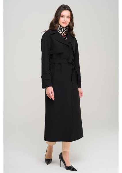 Pelerin ve Apolet Detaylı Astarsız Oversize Trençkot Siyah 6696