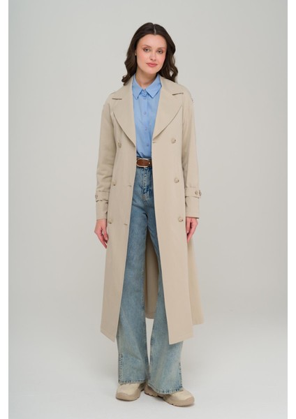 Omuzu Fermuar Aksesuarlı Oversize Astarsız Trençkot Taş 6698