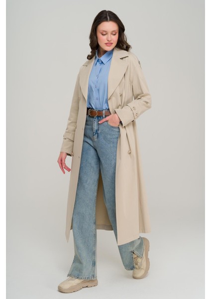 Omuzu Fermuar Aksesuarlı Oversize Astarsız Trençkot Taş 6698