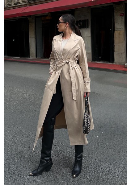 Omuzu Fermuar Aksesuarlı Oversize Astarsız Trençkot Bej 6698