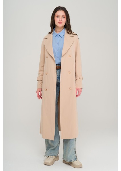 Omuzu Fermuar Aksesuarlı Oversize Astarsız Trençkot Bej 6698