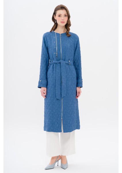 Sıfır Yaka Fermuar Detaylı Kapitone Desenli Hafif Kap Indigo 6707