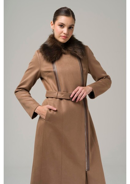 Çıkabilir Kürklü Fermuar Kapamalı Kruvaze Gabardin Süet Görünümlü Kap K. Kamel 6503 fırsatları