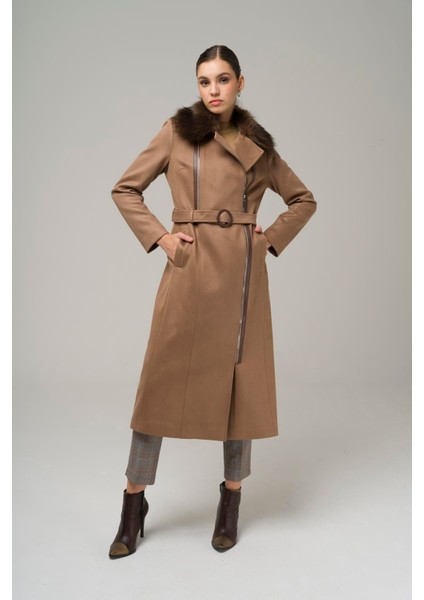 Çıkabilir Kürklü Fermuar Kapamalı Kruvaze Gabardin Süet Görünümlü Kap K. Kamel 6503 indirimleri