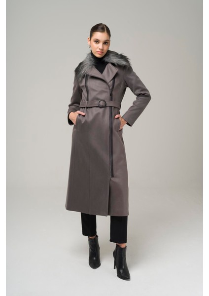 Çıkabilir Kürklü Fermuar Kapamalı Kruvaze Gabardin Süet Görünümlü Kap Gri 6503 modelleri