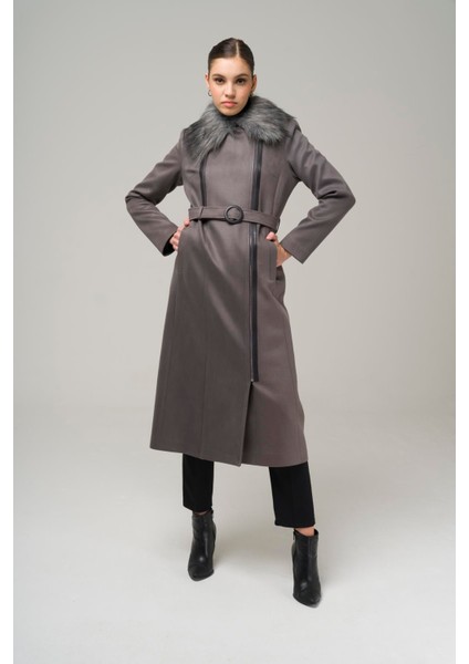 Çıkabilir Kürklü Fermuar Kapamalı Kruvaze Gabardin Süet Görünümlü Kap Gri 6503 indirimleri