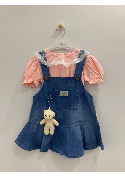 Kız Bebek 2'li Ayıcık Figürlü Volanlı Kot Elbise Takımı