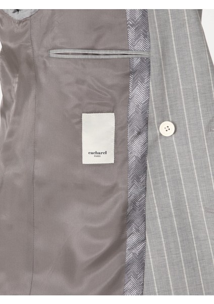 Erkek Açık Gri Slim Fit %100 Yün Çizgili Kruvaze Takım Elbise 50306346-VR001