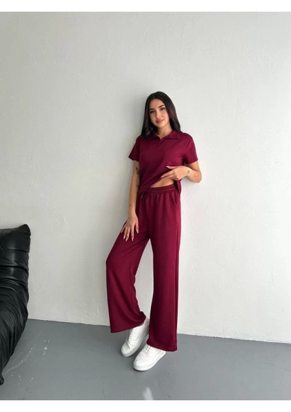 Osy Modal Yumuşak Dokulu Kumaş Kısa Kollu Yakalı T-Shirt Pantalon Ikili Takım- Bordo