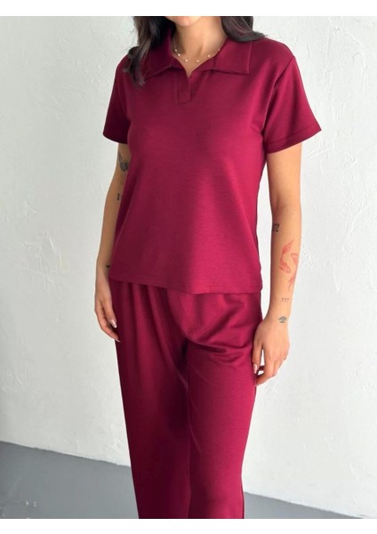 Osy Modal Yumuşak Dokulu Kumaş Kısa Kollu Yakalı T-Shirt Pantalon Ikili Takım- Bordo