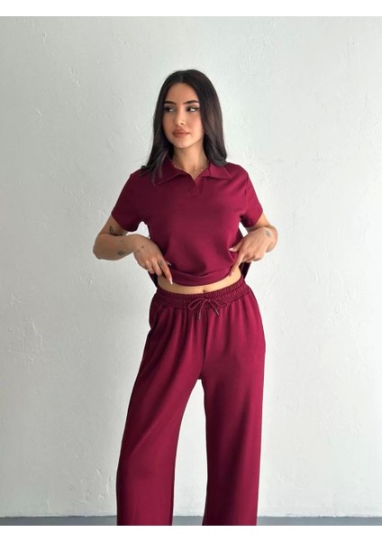 Osy Modal Yumuşak Dokulu Kumaş Kısa Kollu Yakalı T-Shirt Pantalon Ikili Takım- Bordo
