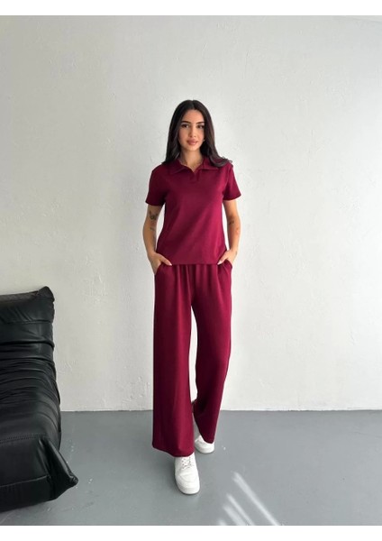 Osy Modal Yumuşak Dokulu Kumaş Kısa Kollu Yakalı T-Shirt Pantalon Ikili Takım- Bordo