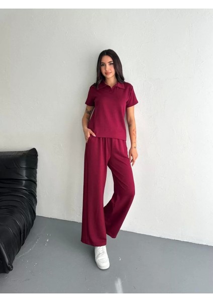 Osy Modal Yumuşak Dokulu Kumaş Kısa Kollu Yakalı T-Shirt Pantalon Ikili Takım- Bordo