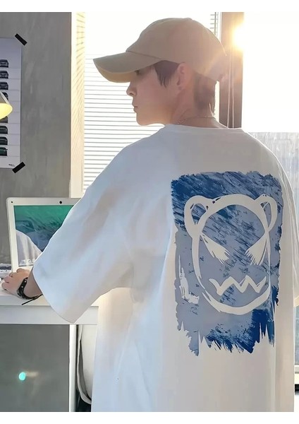 20/1 Penye Compack Bisiklet Yaka Kore Tarzı Sevimli Ayı Baskı Kısa Kol Erkek T-Shirt - Beyaz