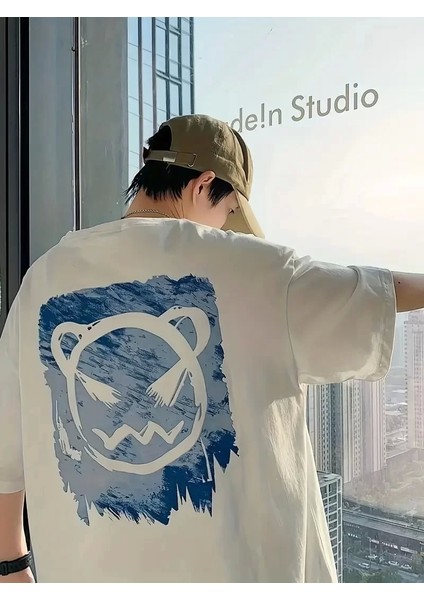 20/1 Penye Compack Bisiklet Yaka Kore Tarzı Sevimli Ayı Baskı Kısa Kol Erkek T-Shirt - Beyaz
