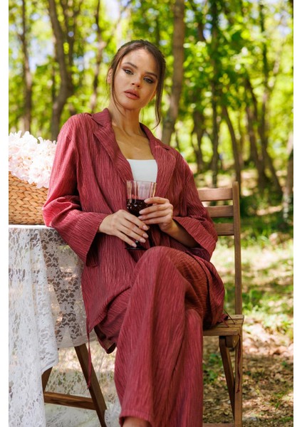Kadın Bordo Desenli Gömlek Pantolon Takım