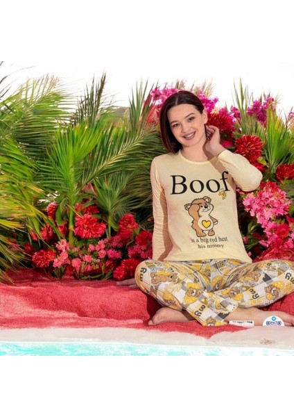 Mlale Sarı Ayıcık Desenli Suprem Kumaş Uzun Kollu Bayan Pijama Takımı 1531-S