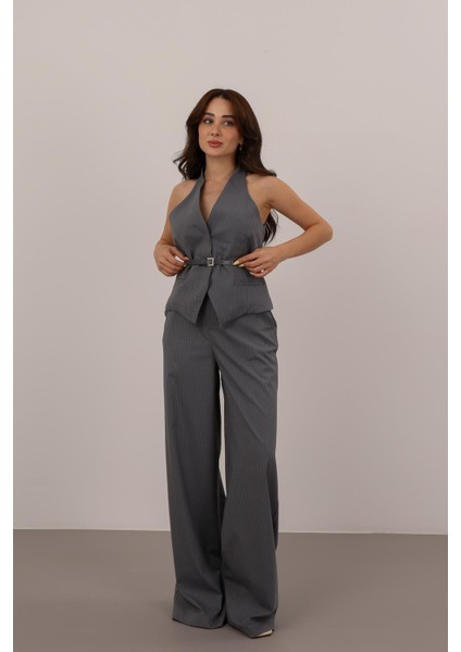 Kadın Gri Çizgili Yelek Pantolon Takım modelleri