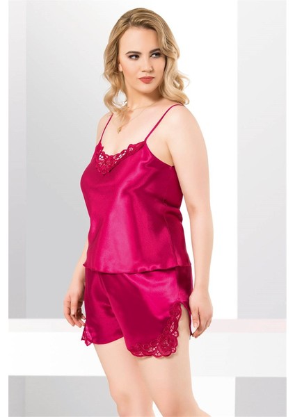 Aria's Closet Büyük Beden Vişne Saten Babydoll Şort Takımı