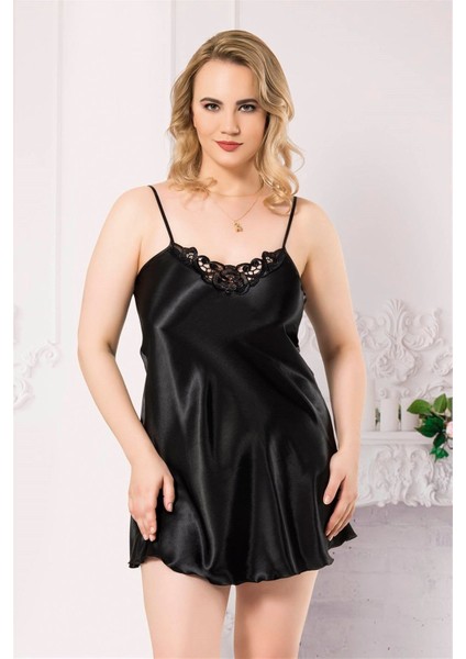 Aria's Closet Büyük Beden Siyah Kısa Saten Gecelik